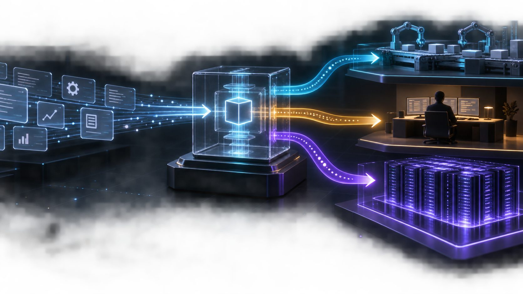 A decision engine routes high-confidence cases to automatic action, uncertain cases to human review, and complex cases to a larger model.